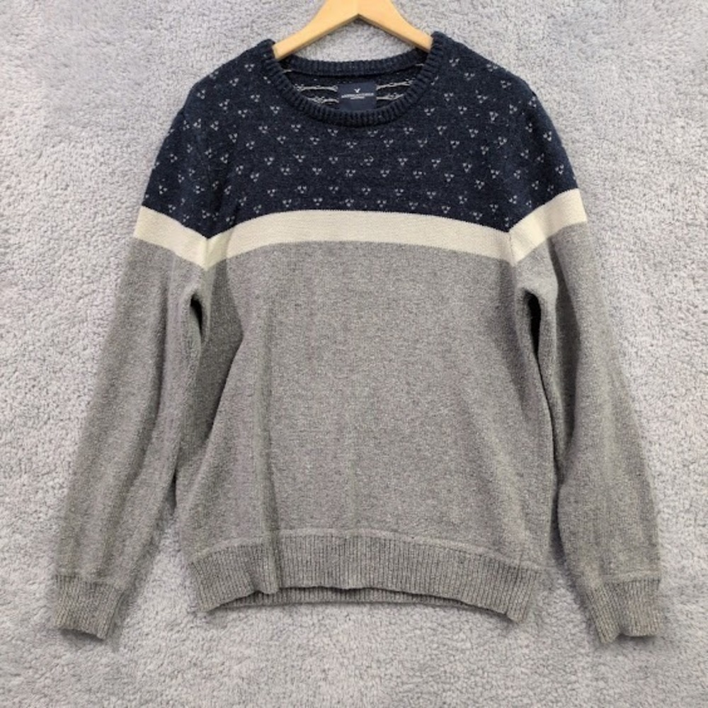 American Eagle Sweater Men Large Navy Gray Fair Isle Cotton Wool Silk Blend Crew